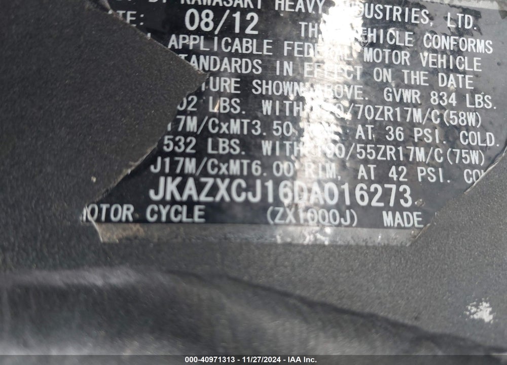 2013 KAWASAKI ZX1000 J VIN: JKAZXCJ16DA016273
