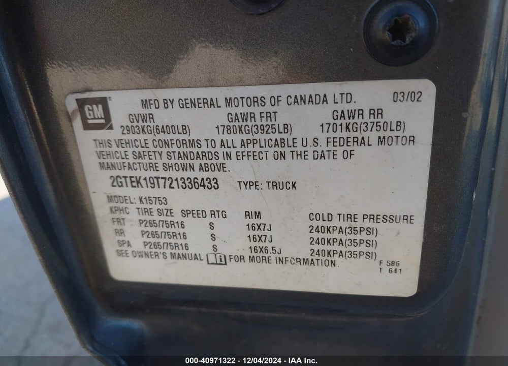 2002 GMC SIERRA 1500 SLE VIN: 2GTEK19T721336433