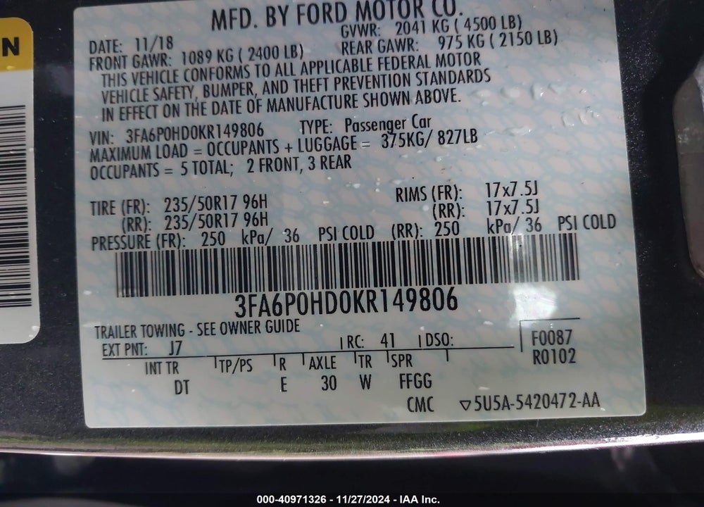 2019 FORD FUSION SE VIN: 3FA6P0HD0KR149806