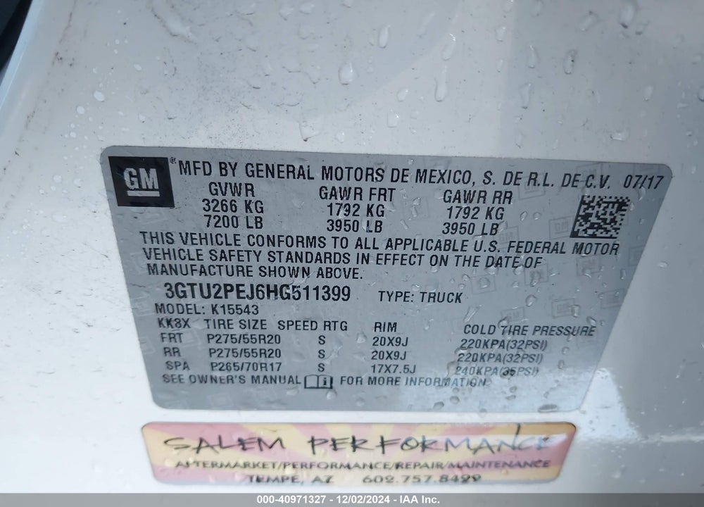 2017 GMC SIERRA 1500 DENALI VIN: 3GTU2PEJ6HG511399