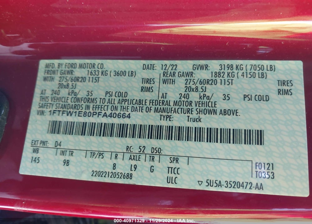 2023 FORD F-150 VIN: 1FTFW1E80PFA40664
