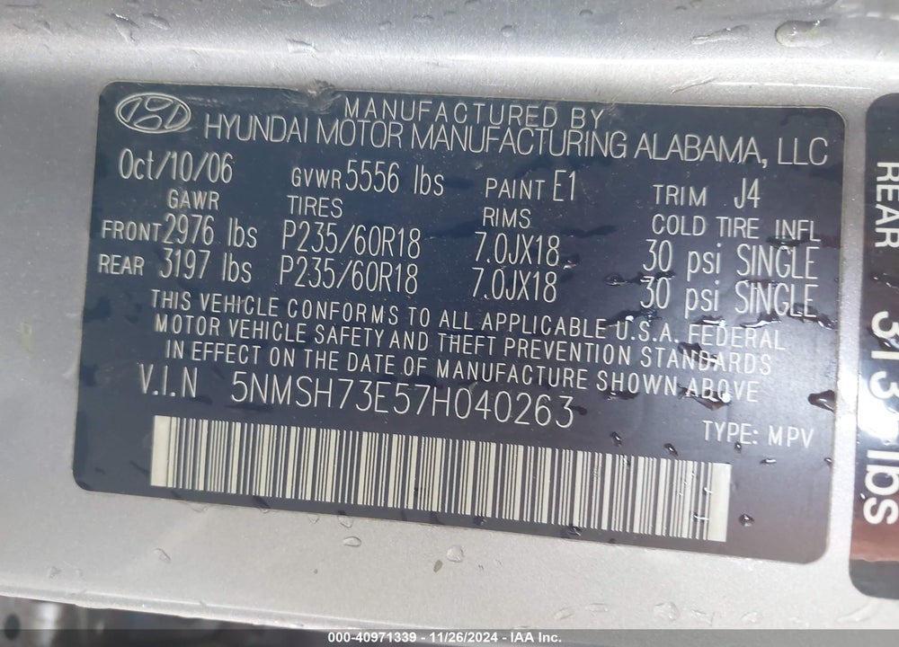 2007 HYUNDAI SANTA FE LIMITED/SE VIN: 5NMSH73E57H040263