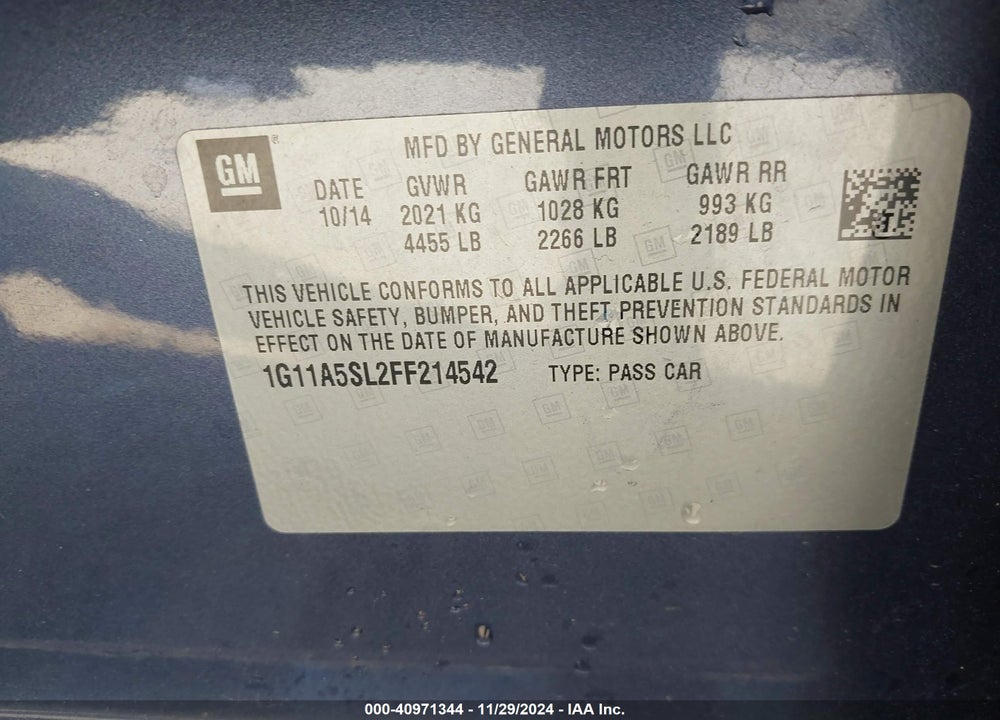 2015 CHEVROLET MALIBU 1FL VIN: 1G11A5SL2FF214542