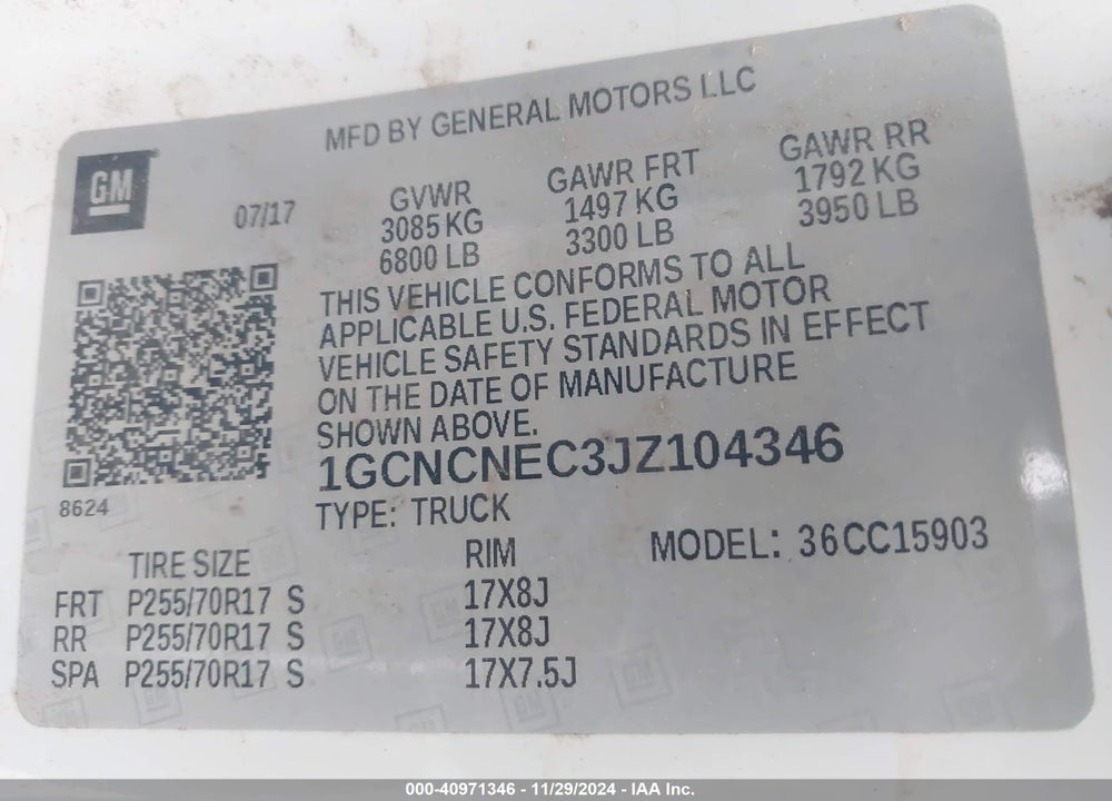 2018 CHEVROLET SILVERADO 1500 WORK TRUCK VIN: 1GCNCNEC3JZ104346