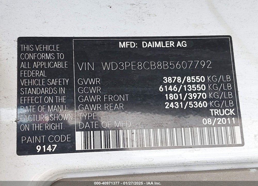 2011 MERCEDES-BENZ SPRINTER 2500 VIN: WD3PE8CB8B5607792