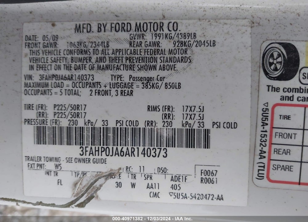 2010 FORD FUSION SEL VIN: 3FAHP0JA6AR140373
