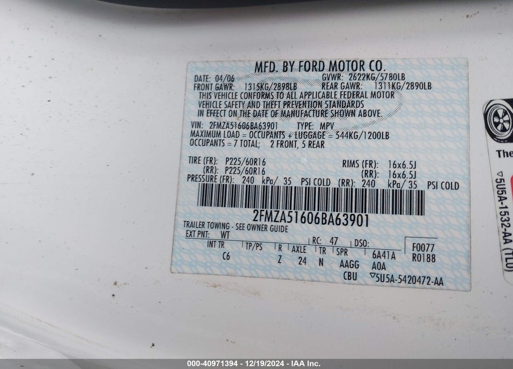 2006 FORD FREESTAR SE VIN: 2FMZA51606BA63901