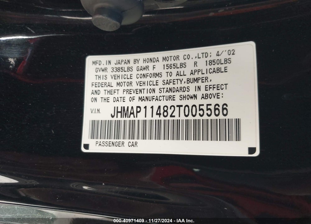 2002 HONDA S2000 VIN: JHMAP11482T005566