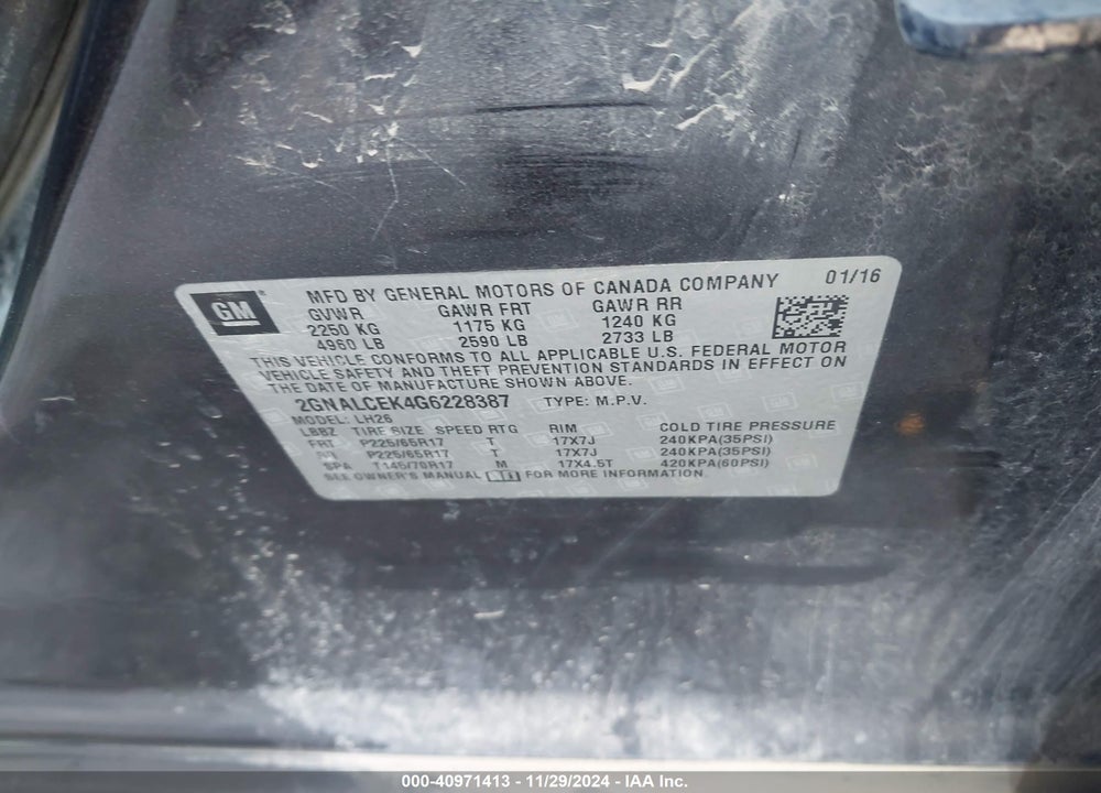 2016 CHEVROLET EQUINOX LT VIN: 2GNALCEK4G6228387