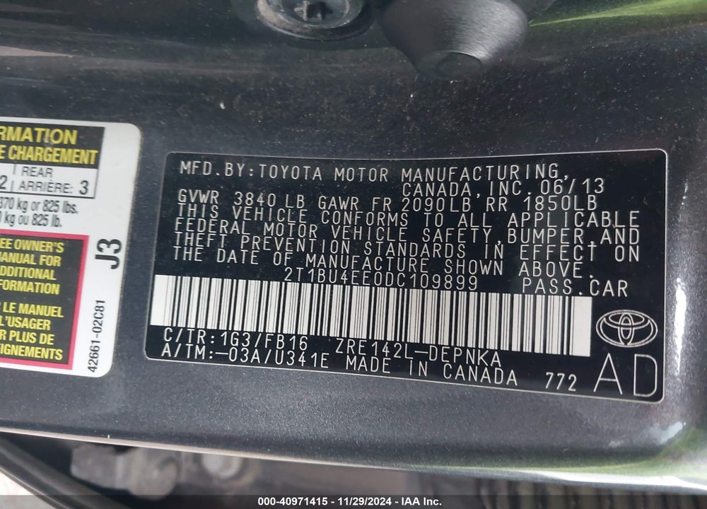 2013 TOYOTA COROLLA LE VIN: 2T1BU4EE0DC109899