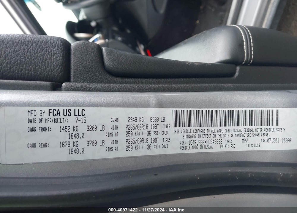 2015 JEEP GRAND CHEROKEE LIMITED VIN: 1C4RJFBGXFC943022