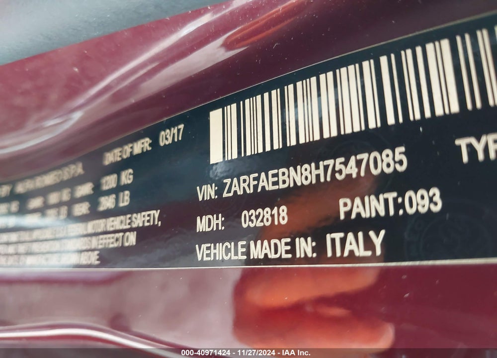 2017 ALFA ROMEO GIULIA RWD VIN: ZARFAEBN8H7547085
