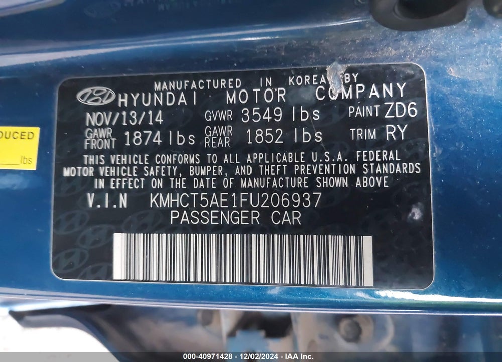 2015 HYUNDAI ACCENT GS VIN: KMHCT5AE1FU206937
