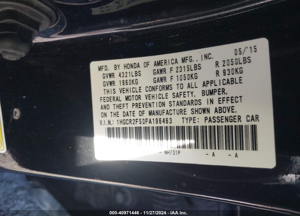 2015 HONDA ACCORD SPORT VIN: 1HGCR2F50FA196463