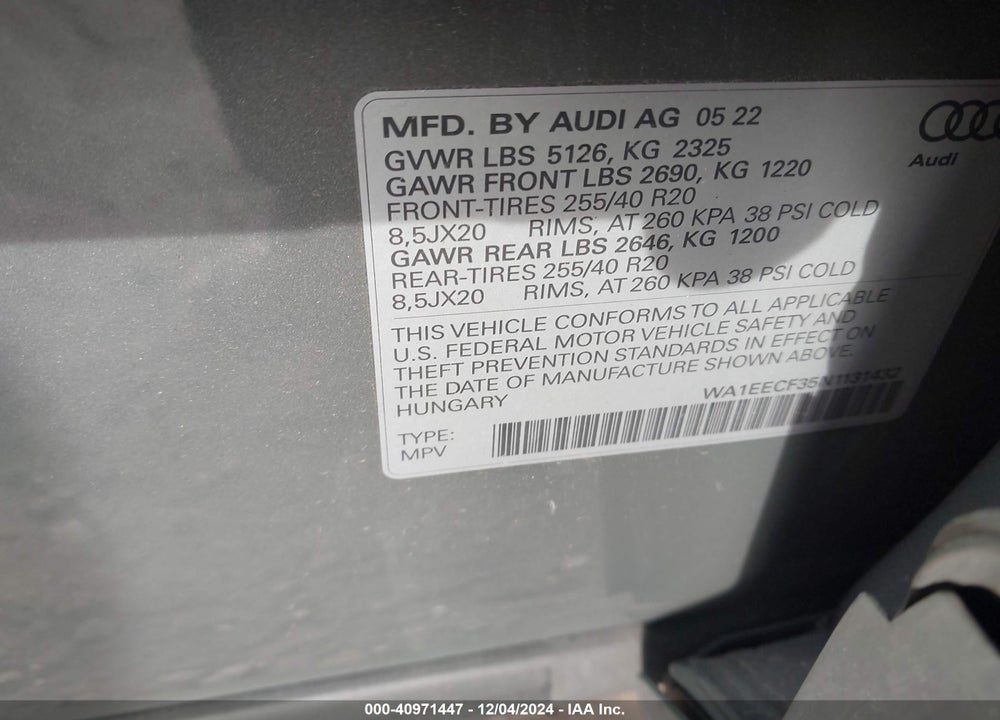 2022 AUDI Q3 PREMIUM PLUS 45 TFSI S LINE QUATTRO TIPTRONIC VIN: WA1EECF35N1131432