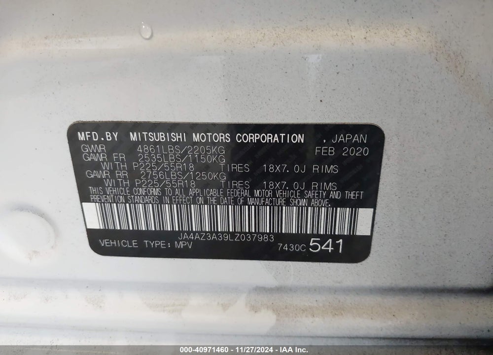 2020 MITSUBISHI OUTLANDER ES 2.4 /LE 2.4 /SE 2.4 /SEL 2.4 /SP 2.4 VIN: JA4AZ3A39LZ037983