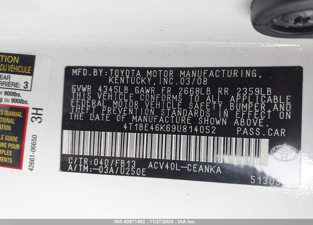 2009 TOYOTA CAMRY VIN: 4T1BE46K69U814052
