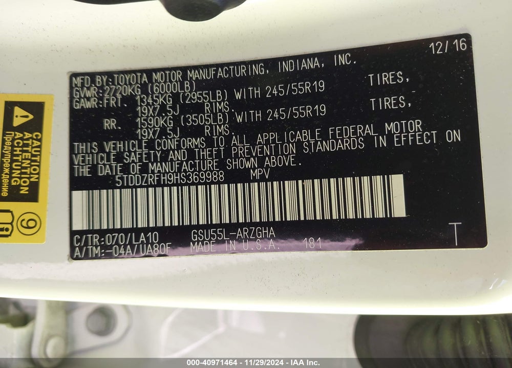 2017 TOYOTA HIGHLANDER LIMITED/PLATINUM VIN: 5TDDZRFH9HS369988