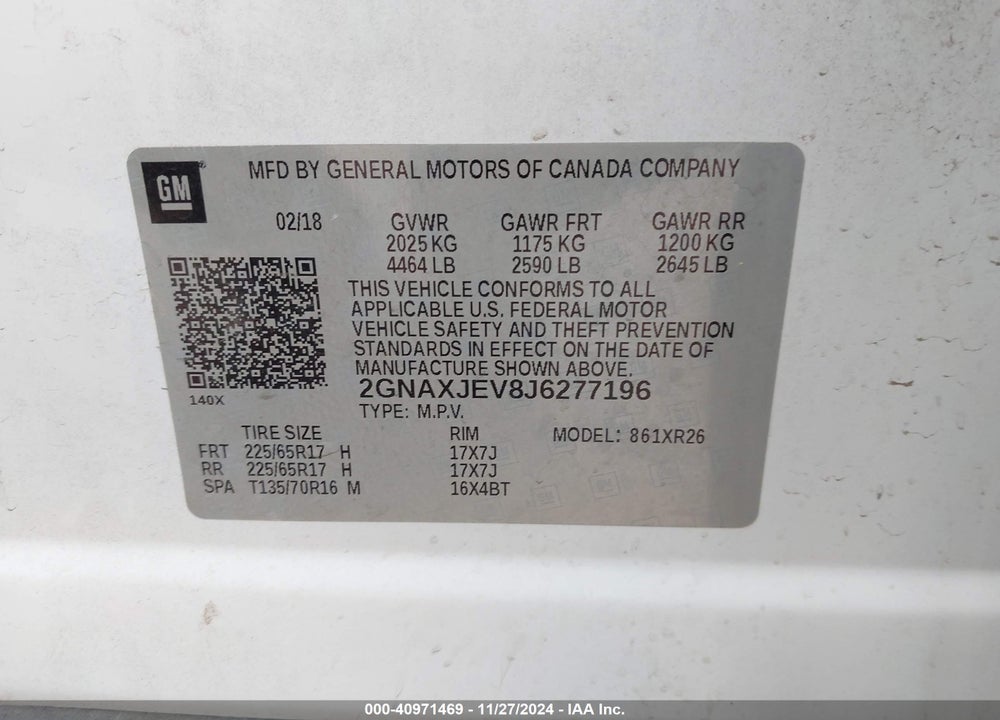 2018 CHEVROLET EQUINOX VIN: 2GNAXJEV8J6277196
