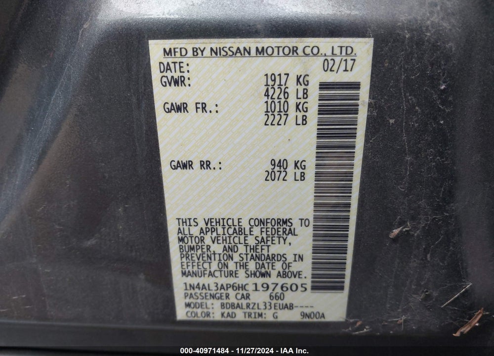 2017 NISSAN ALTIMA 2.5 SL VIN: 1N4AL3AP6HC197605