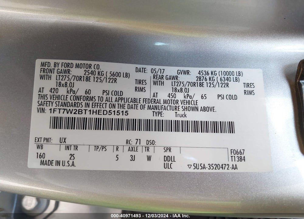2017 FORD F-250 VIN: 1FT7W2BT1HED51515