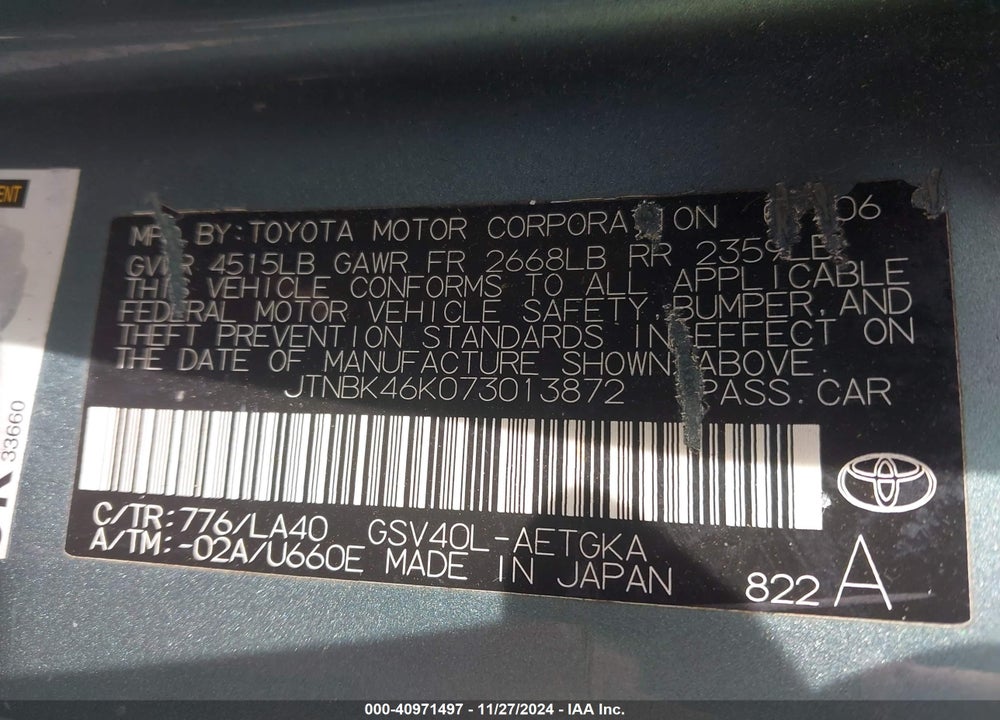 2007 TOYOTA CAMRY XLE V6 VIN: JTNBK46K073013872