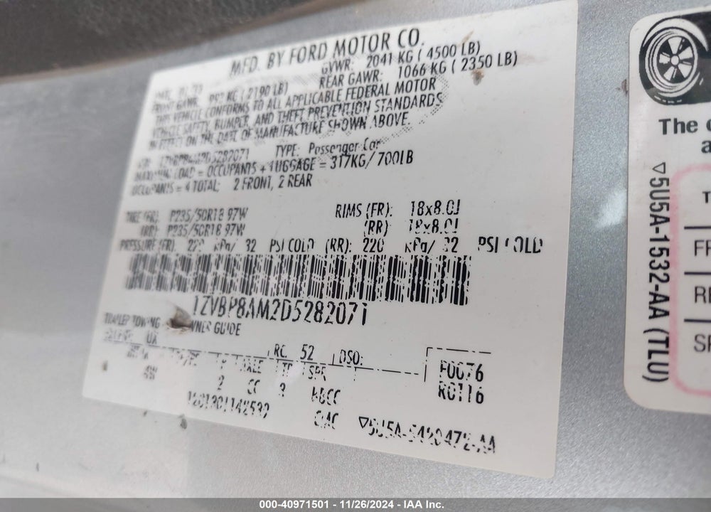 2013 FORD MUSTANG V6 PREMIUM VIN: 1ZVBP8AM2D5282071