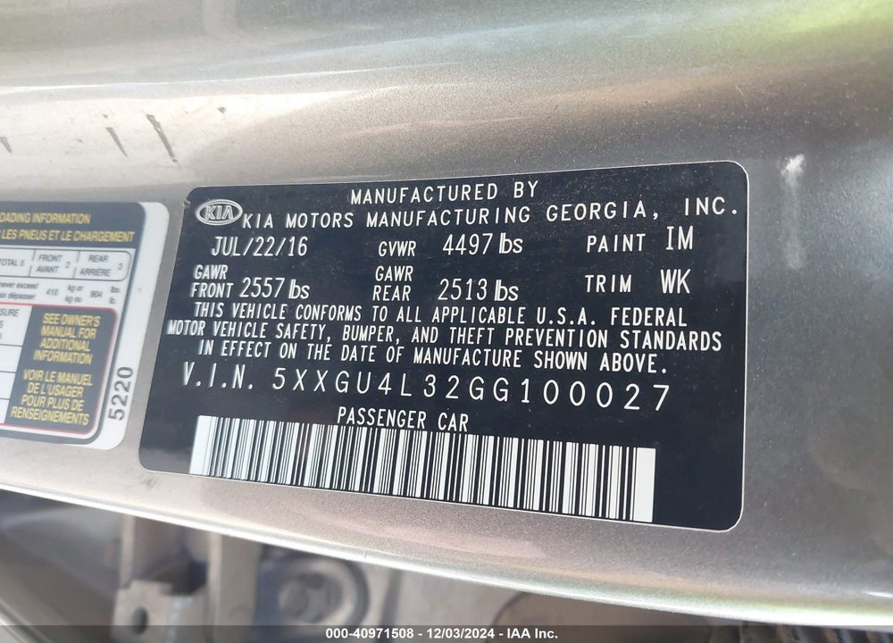 2016 KIA OPTIMA EX VIN: 5XXGU4L32GG100027