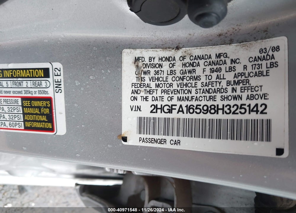 2008 HONDA CIVIC LX VIN: 2HGFA16598H325142