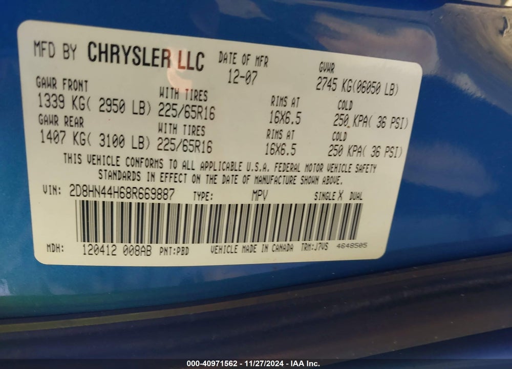 2008 DODGE GRAND CARAVAN SE VIN: 2D8HN44H68R669887