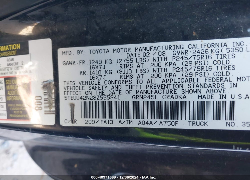 2008 TOYOTA TACOMA BASE V6 VIN: 5TEUU42N28Z555341