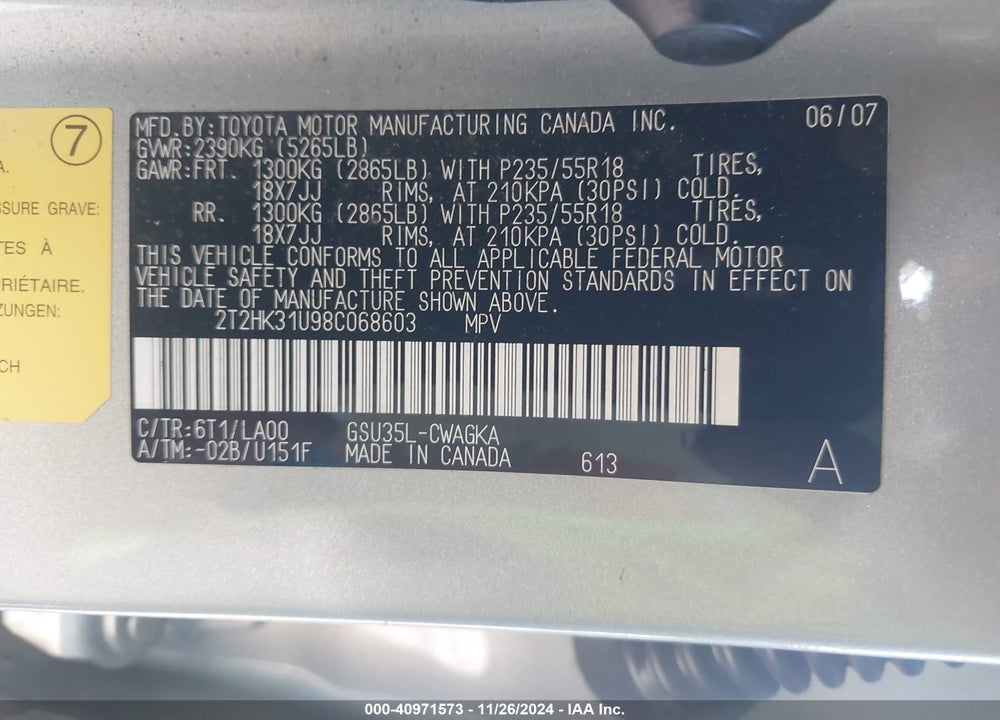 2008 LEXUS RX 350 VIN: 2T2HK31U98C068603