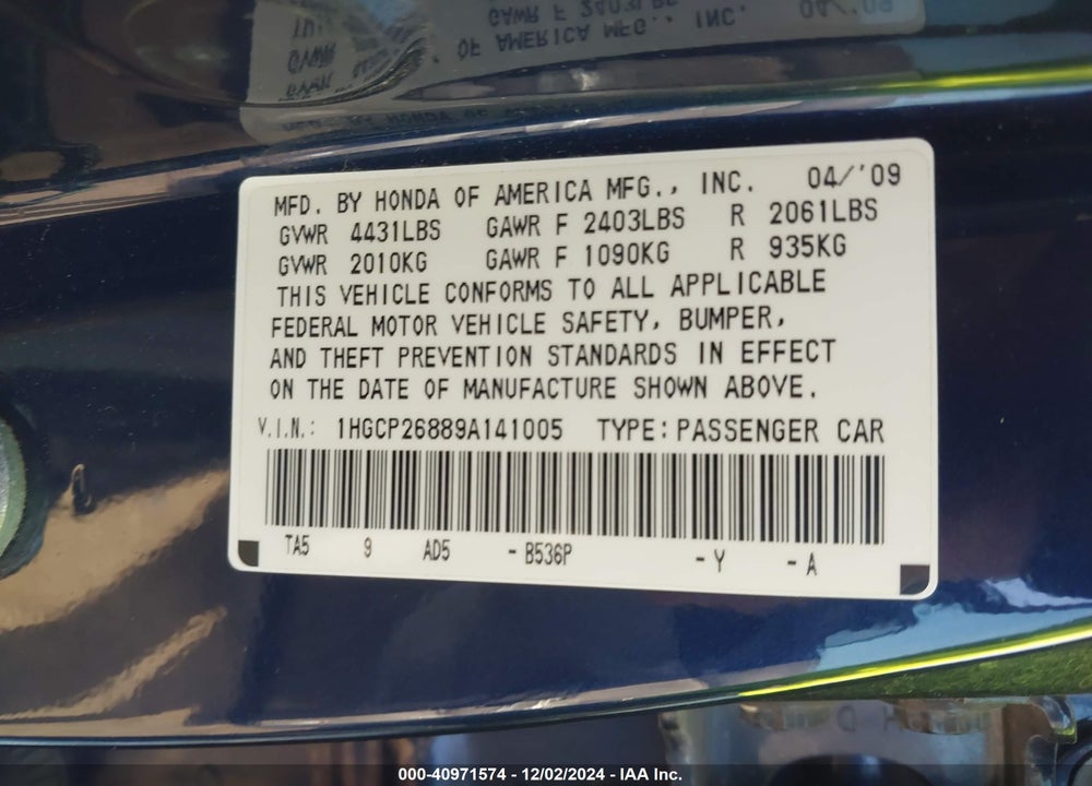 2009 HONDA ACCORD VIN: 1HGCP26889A141005