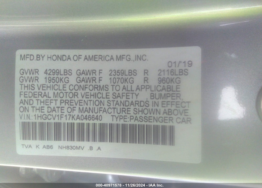 2019 HONDA ACCORD LX VIN: 1HGCV1F17KA046640