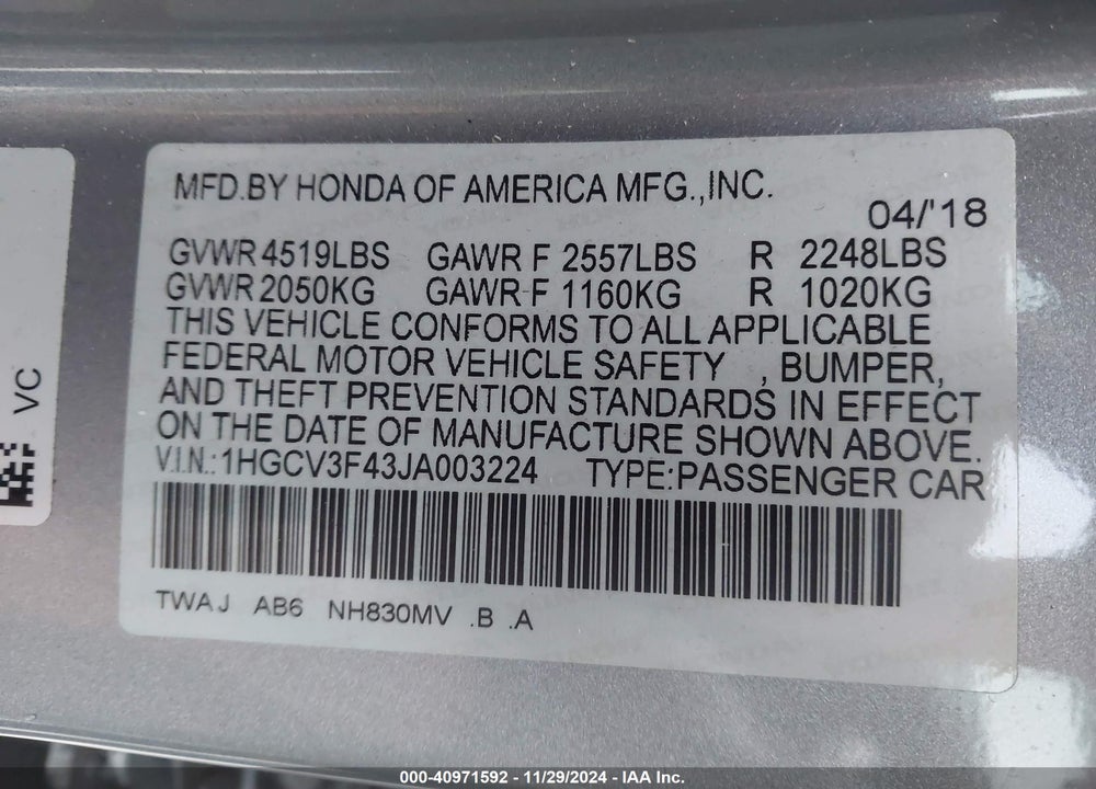 2018 HONDA ACCORD HYBRID VIN: 1HGCV3F43JA003224