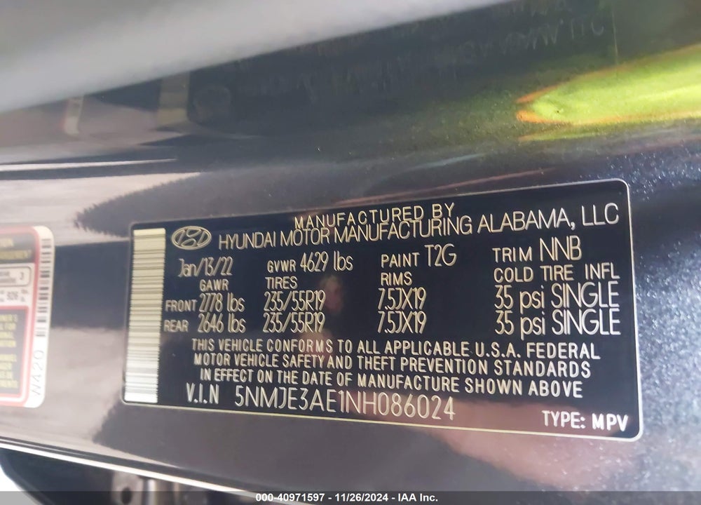 2022 HYUNDAI TUCSON LIMITED VIN: 5NMJE3AE1NH086024