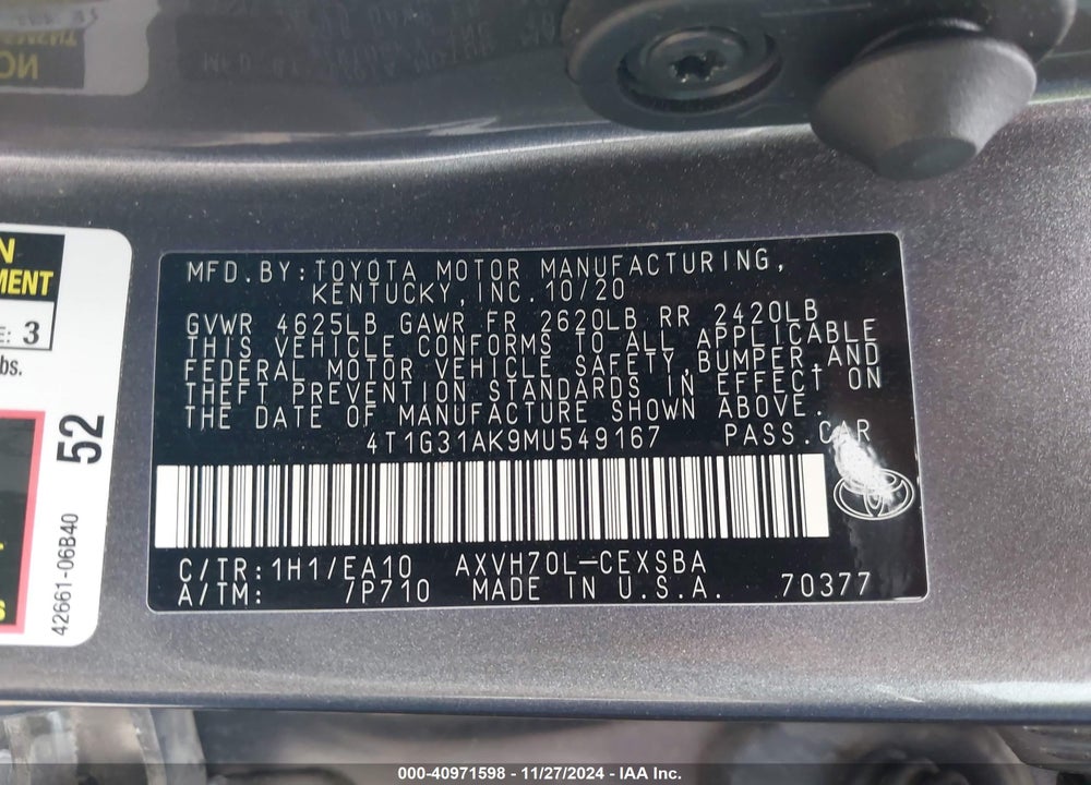 2021 TOYOTA CAMRY SE HYBRID VIN: 4T1G31AK9MU549167