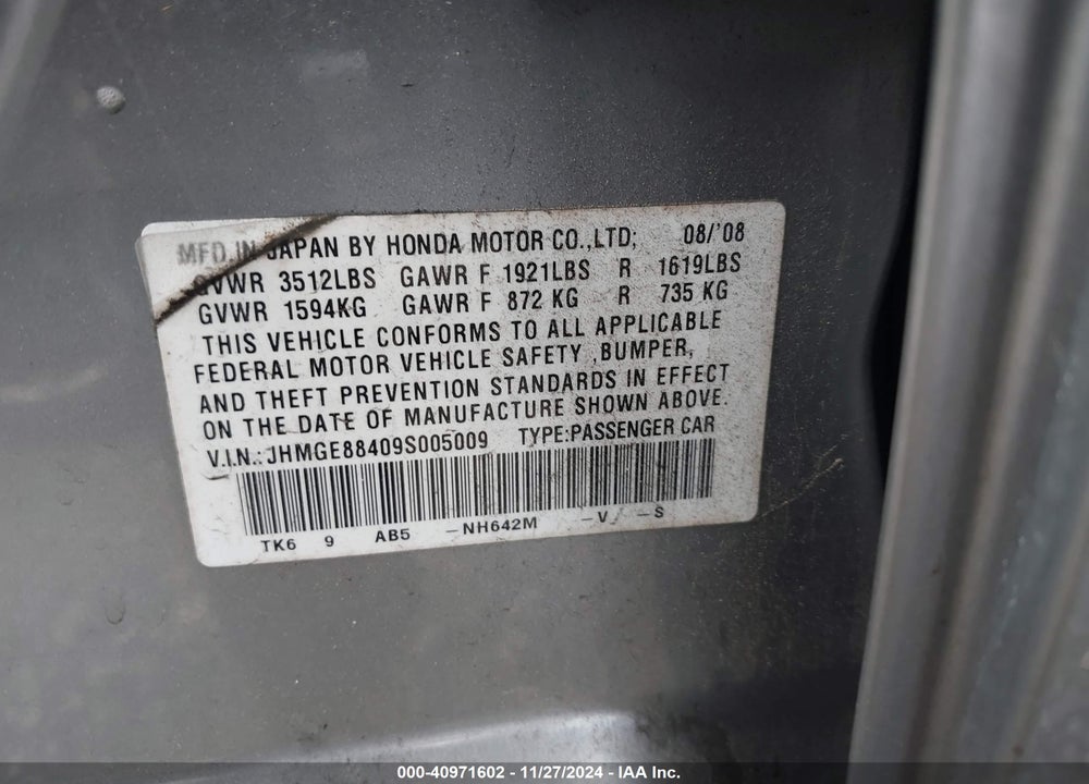 2009 HONDA FIT SPORT VIN: JHMGE88409S005009