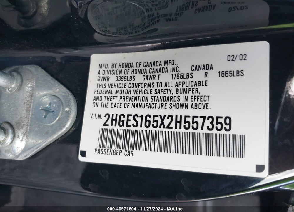 2002 HONDA CIVIC LX VIN: 2HGES165X2H557359