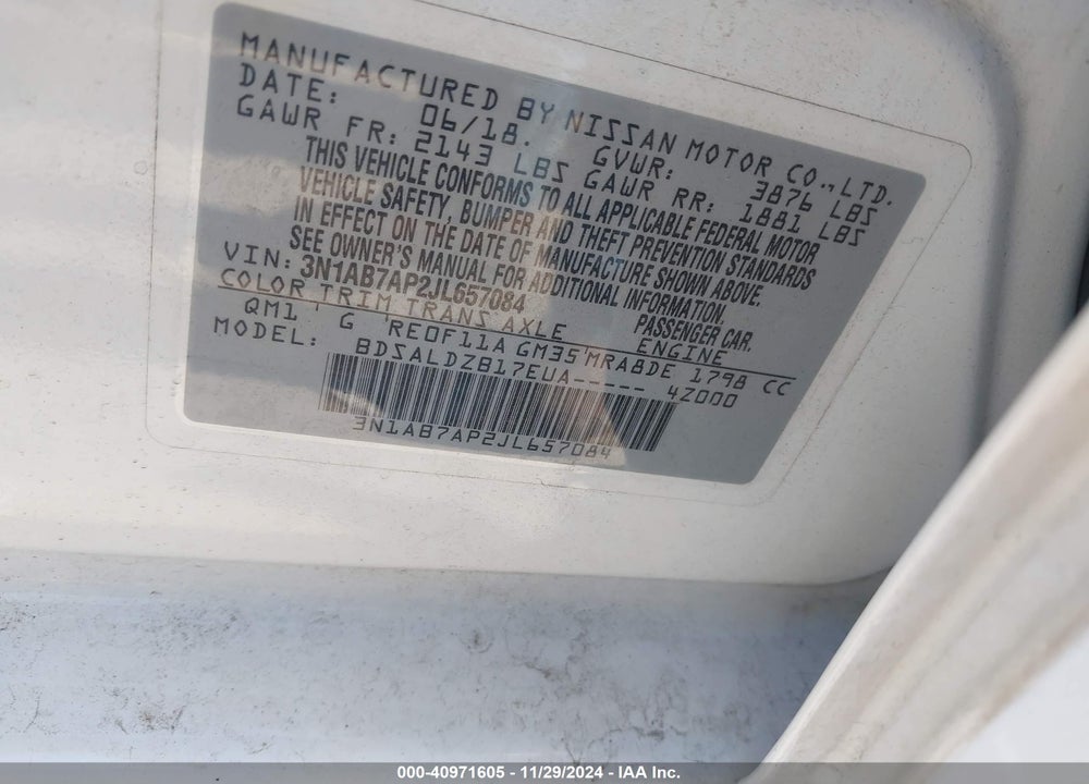 2018 NISSAN SENTRA VIN: 3N1AB7AP2JL657084
