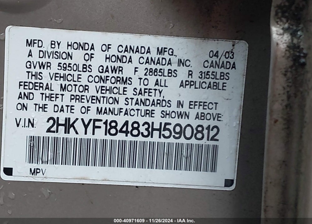 2003 HONDA PILOT EX VIN: 2HKYF18483H590812