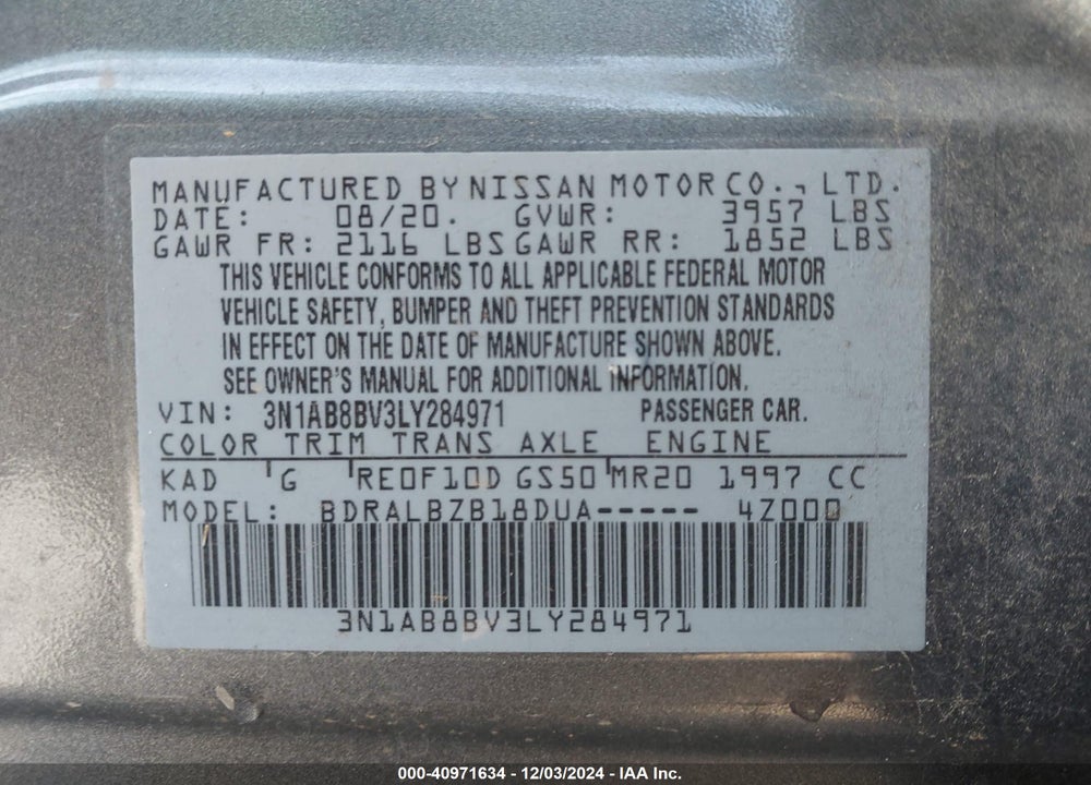 2020 NISSAN SENTRA VIN: 3N1AB8BV3LY284971