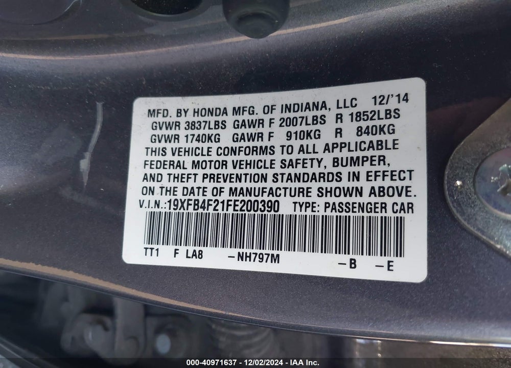2015 HONDA CIVIC VIN: 19XFB4F21FE200390