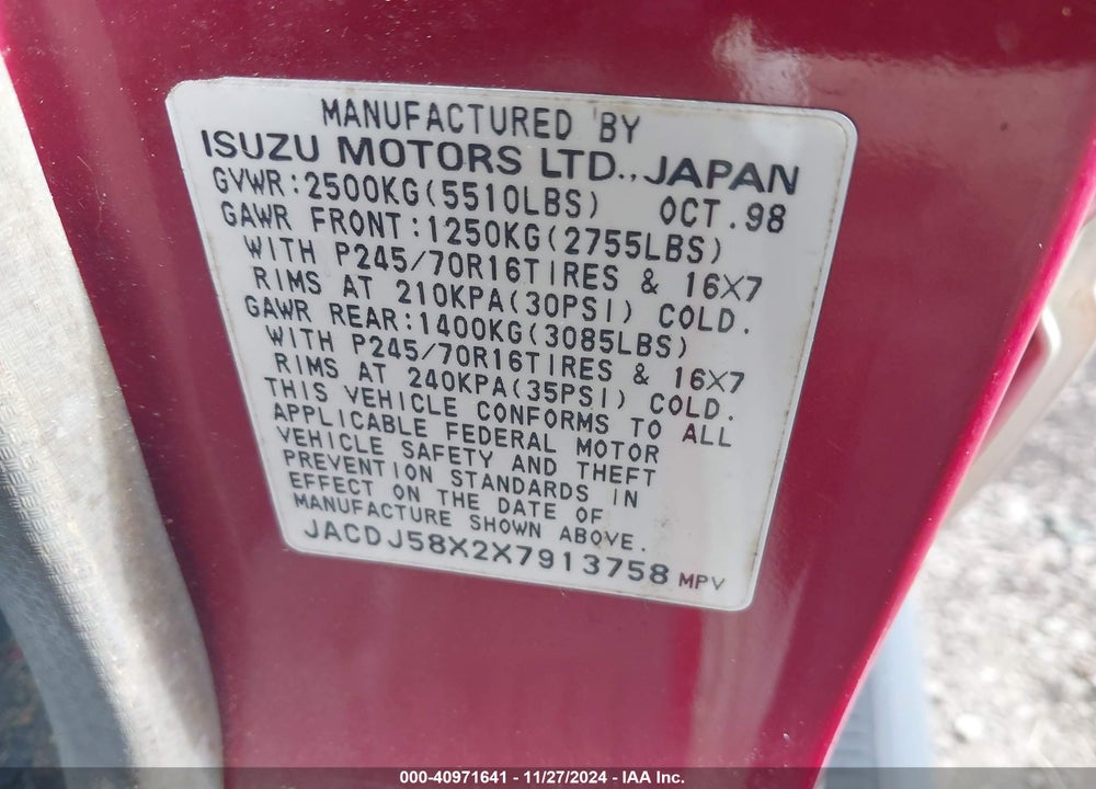 1999 ISUZU TROOPER S VIN: JACDJ58X2X7913758