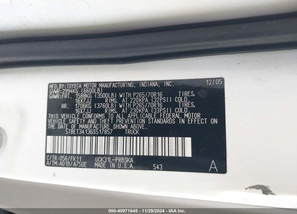 2006 TOYOTA TUNDRA VIN: 5TBET34136S517857
