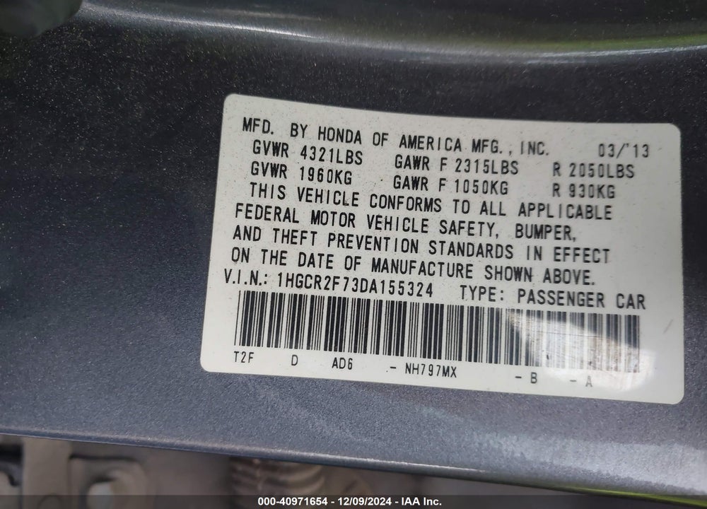 2013 HONDA ACCORD EX VIN: 1HGCR2F73DA155324