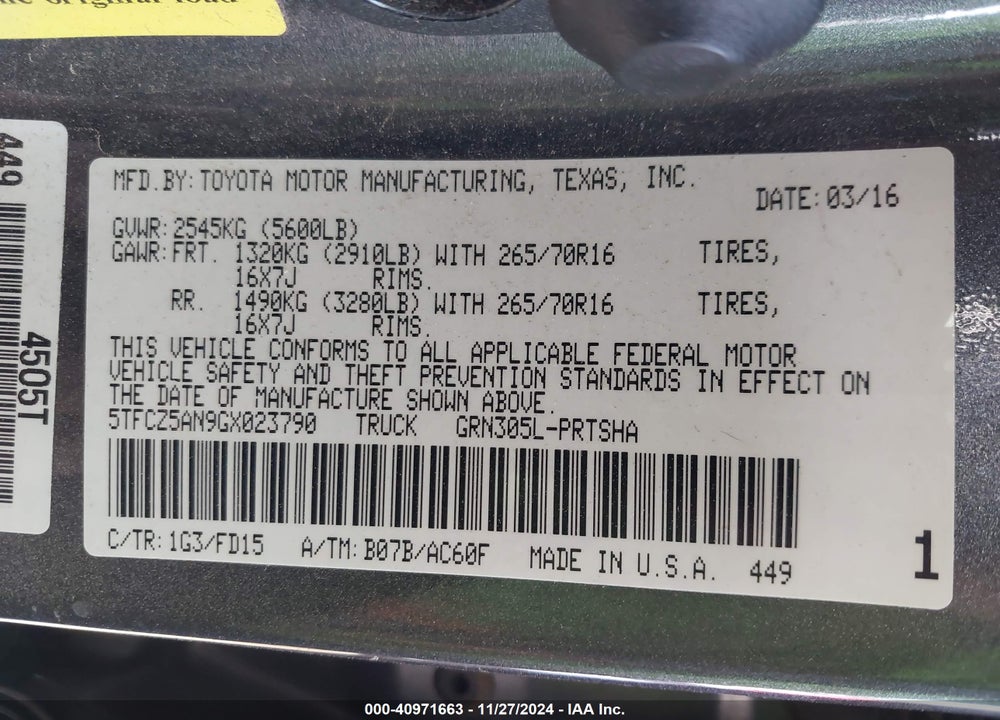 2016 TOYOTA TACOMA TRD OFF ROAD VIN: 5TFCZ5AN9GX023790