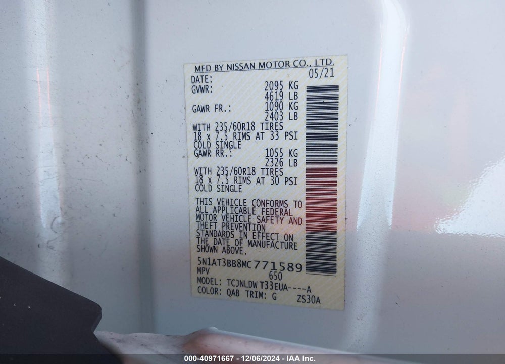 2021 NISSAN ROGUE SV INTELLIGENT AWD VIN: 5N1AT3BB8MC771589