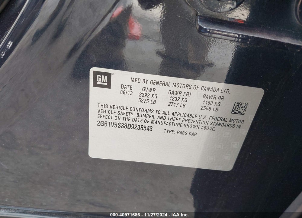 2013 CADILLAC XTS PLATINUM VIN: 2G61V5S38D9238543