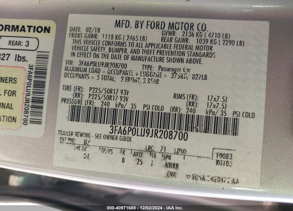 2018 FORD FUSION HYBRID SE VIN: 3FA6P0LU9JR208700